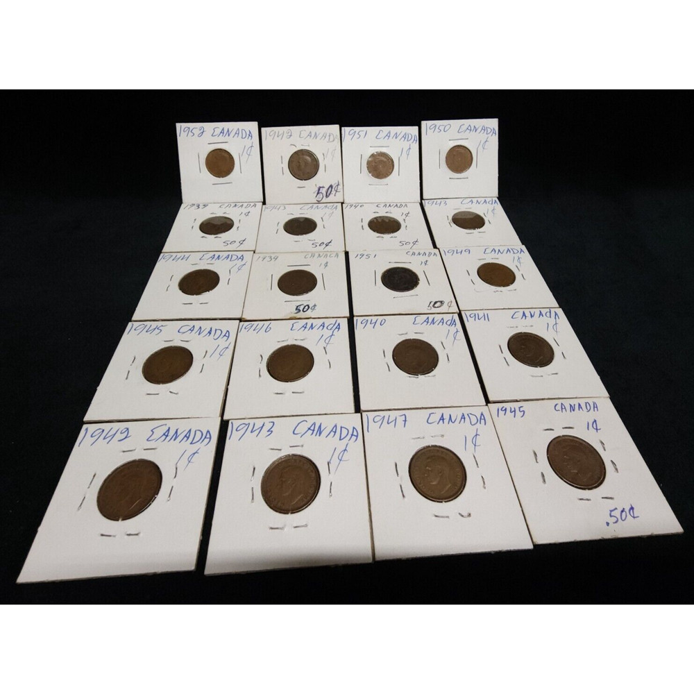 Canada Small 1 Cent 20 Coin Lot 1939-1952 Canadian One Penny Set Lot